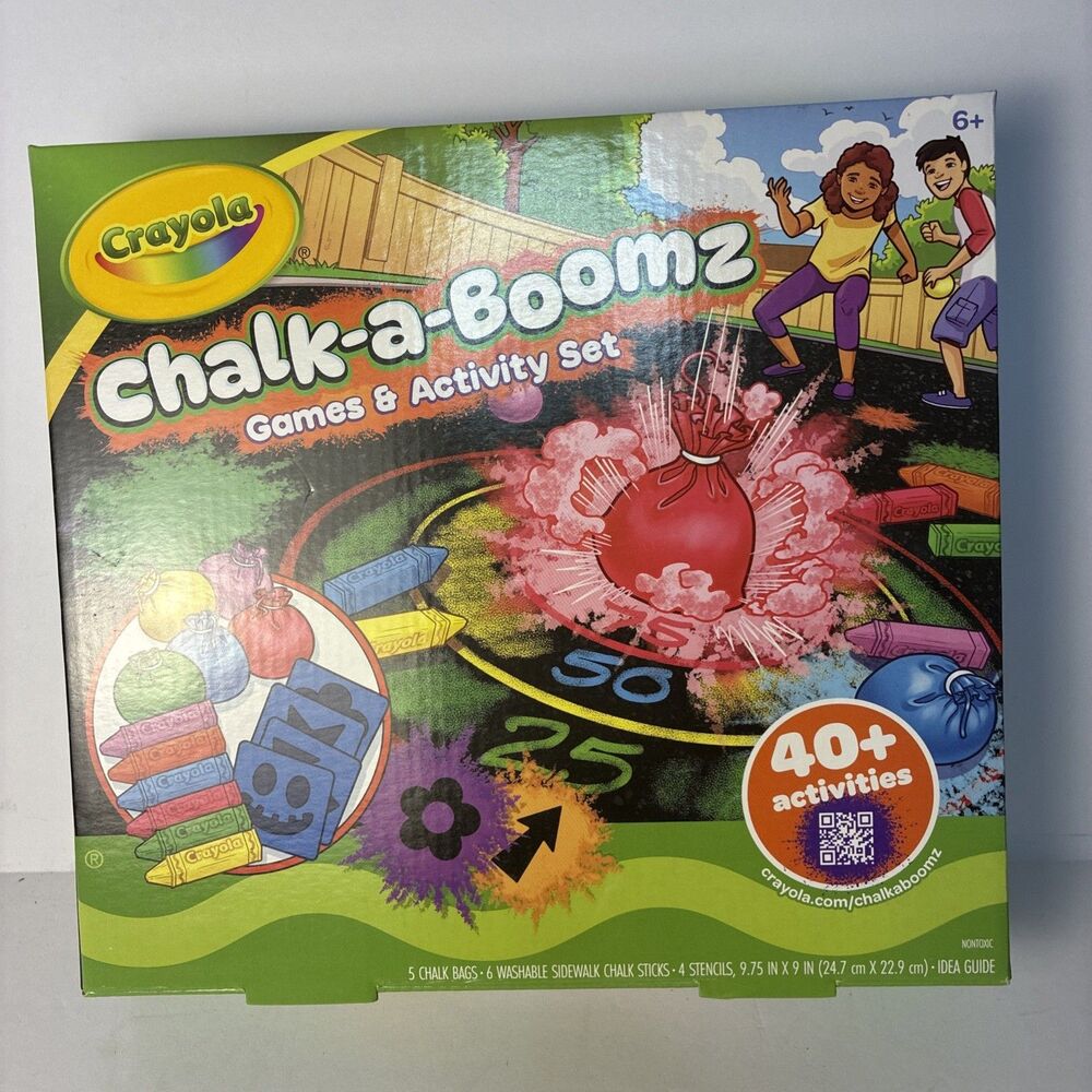 CRAYOLA CHALK-A-BOOMZ 40 Games & Activity Set Chalk Bags, Chalk, Stencils New